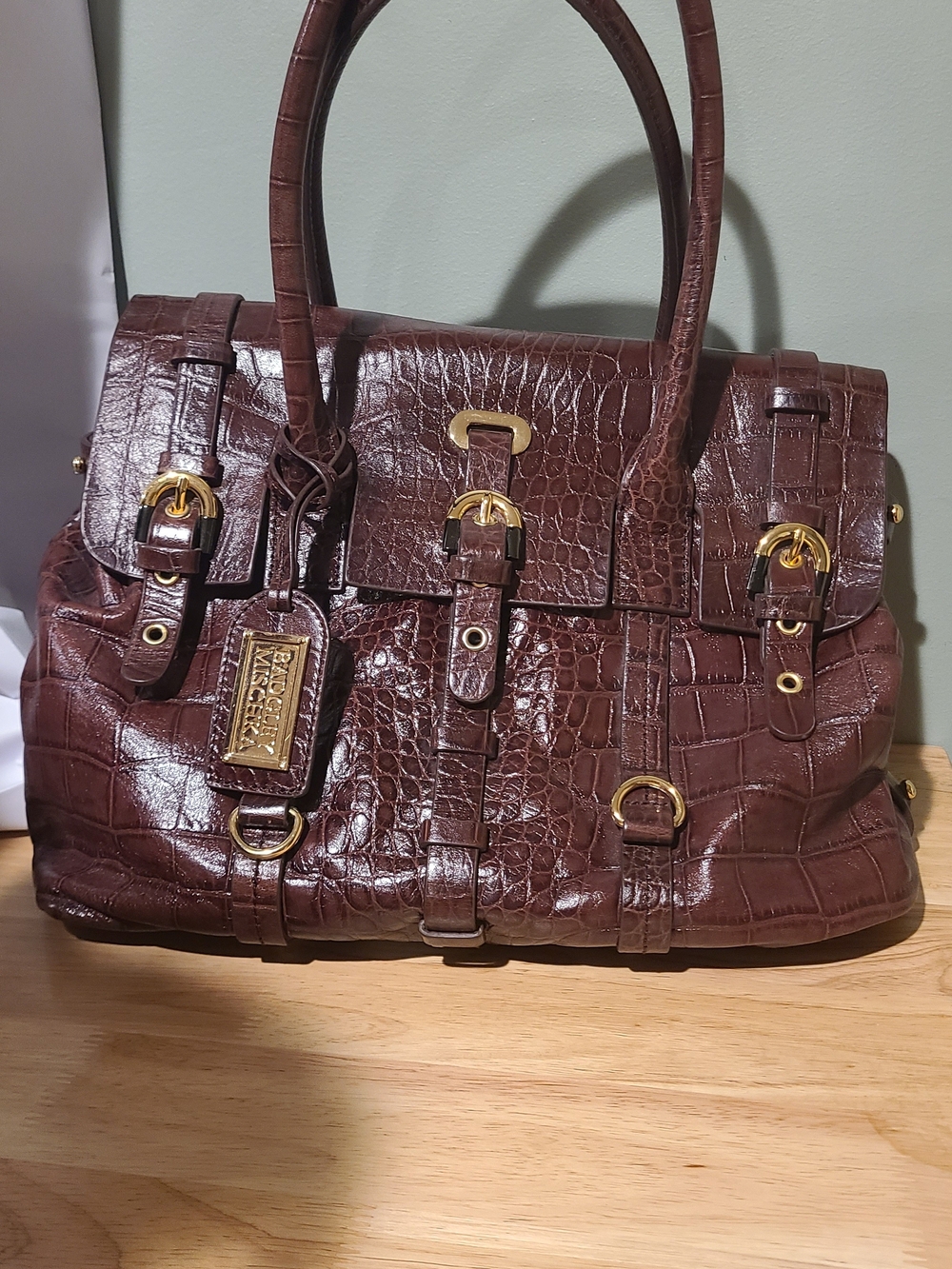 Badgley Mischka Brown Croc-Embossed Leather Satchel with Gold Hardware